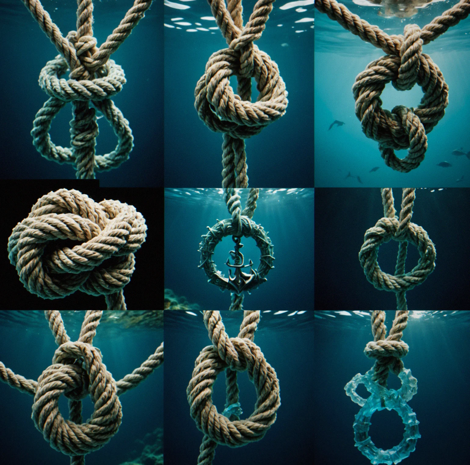 Five different rope knots rendered in underwater lighting