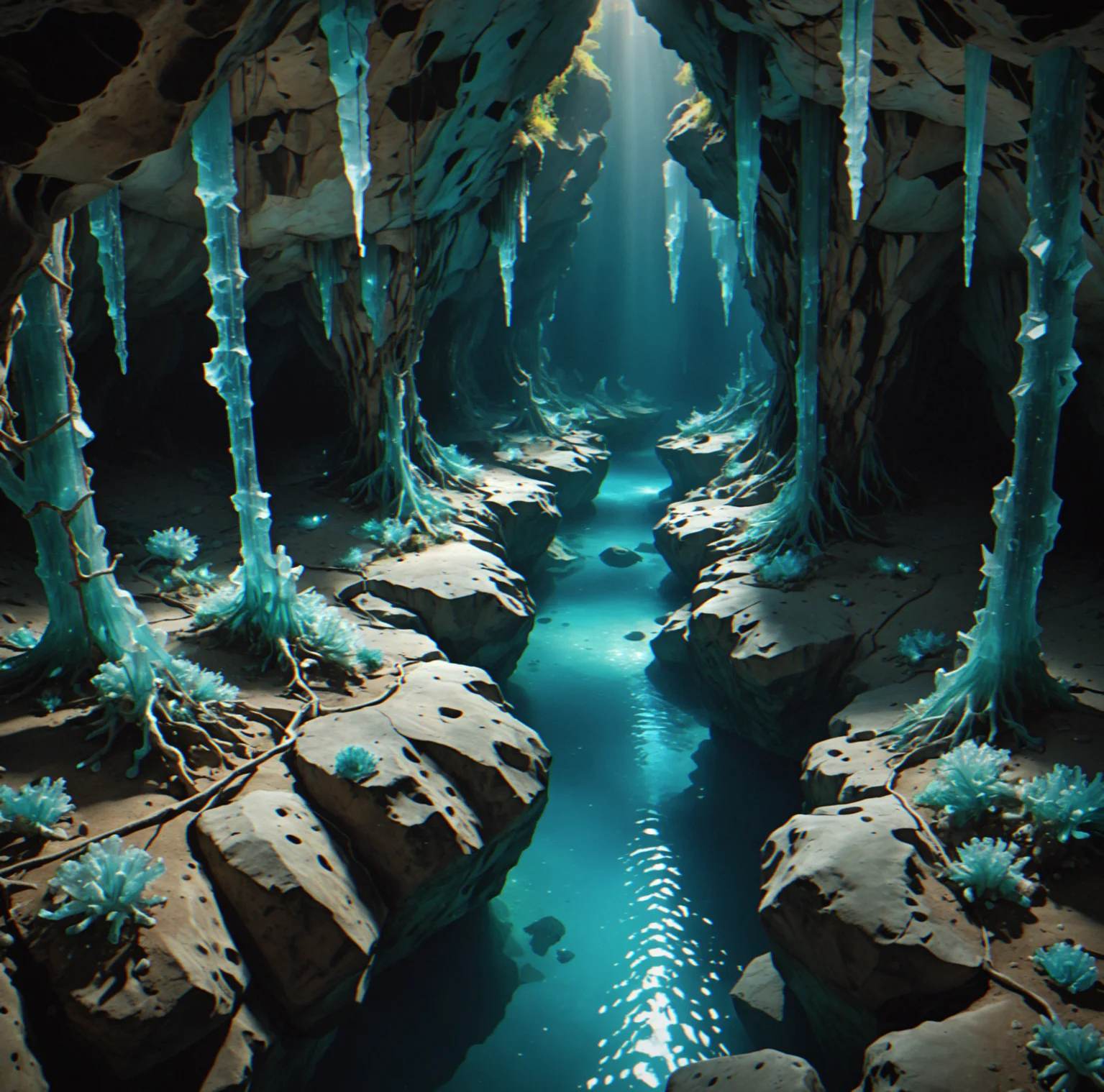 Overhead view of branching cavern passages with crystal formations creating narrow corridors