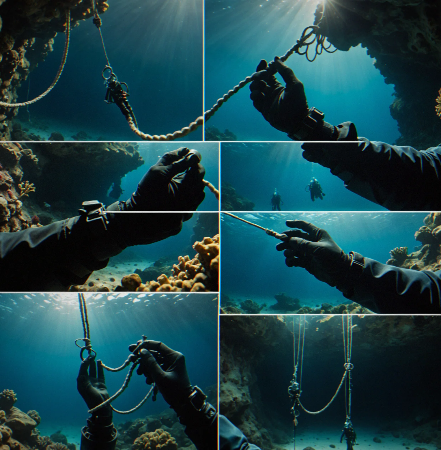 Diver holding coiled rope with gloved hands, rope spooled for deployment