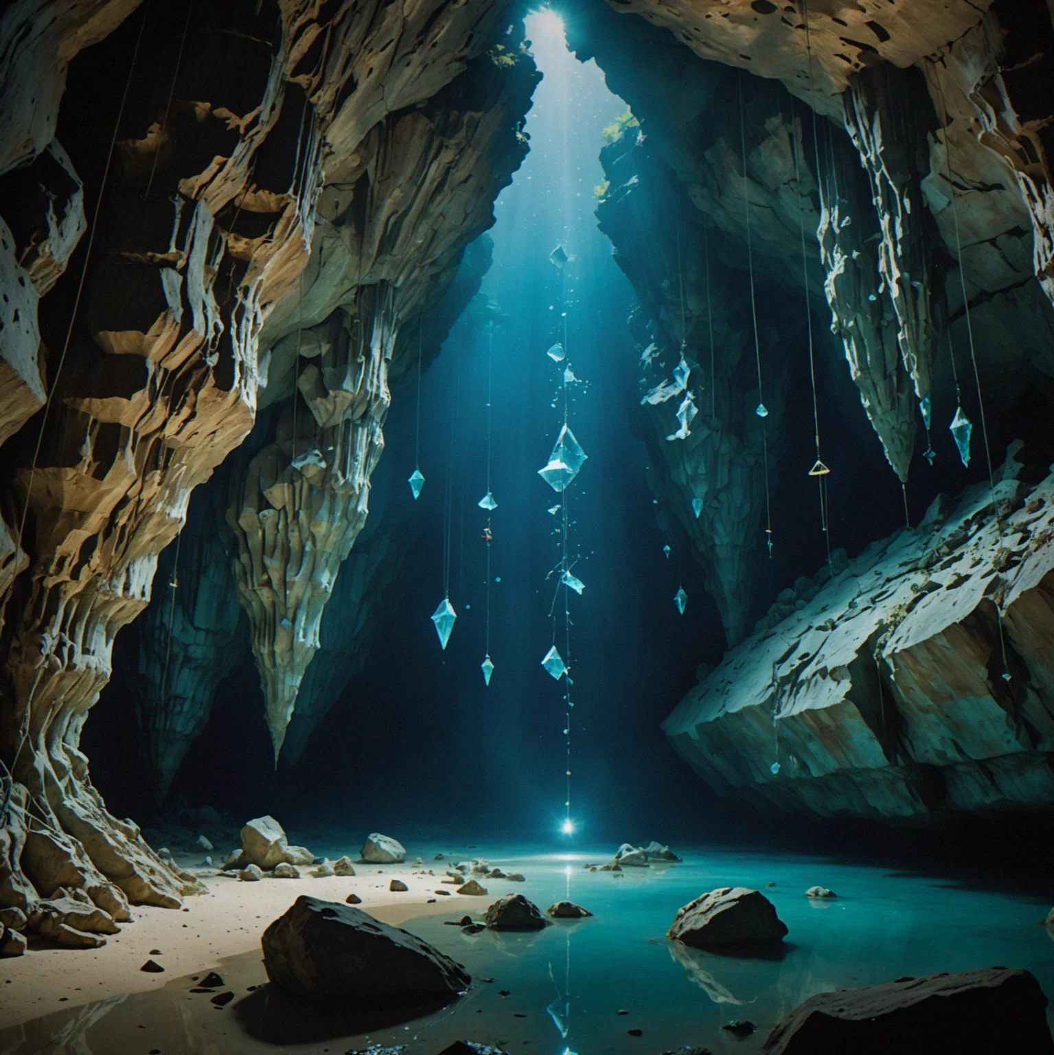 Large cavern chamber with safety decompression zone marked by roped markers
