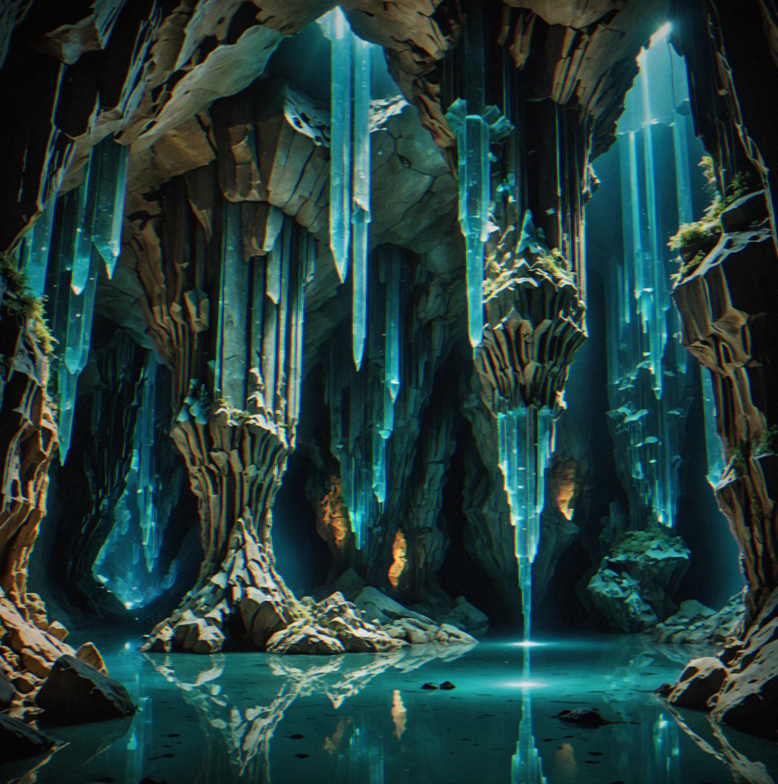 Expansive crystal cavern interior with multiple vertical passages and overlapping formations