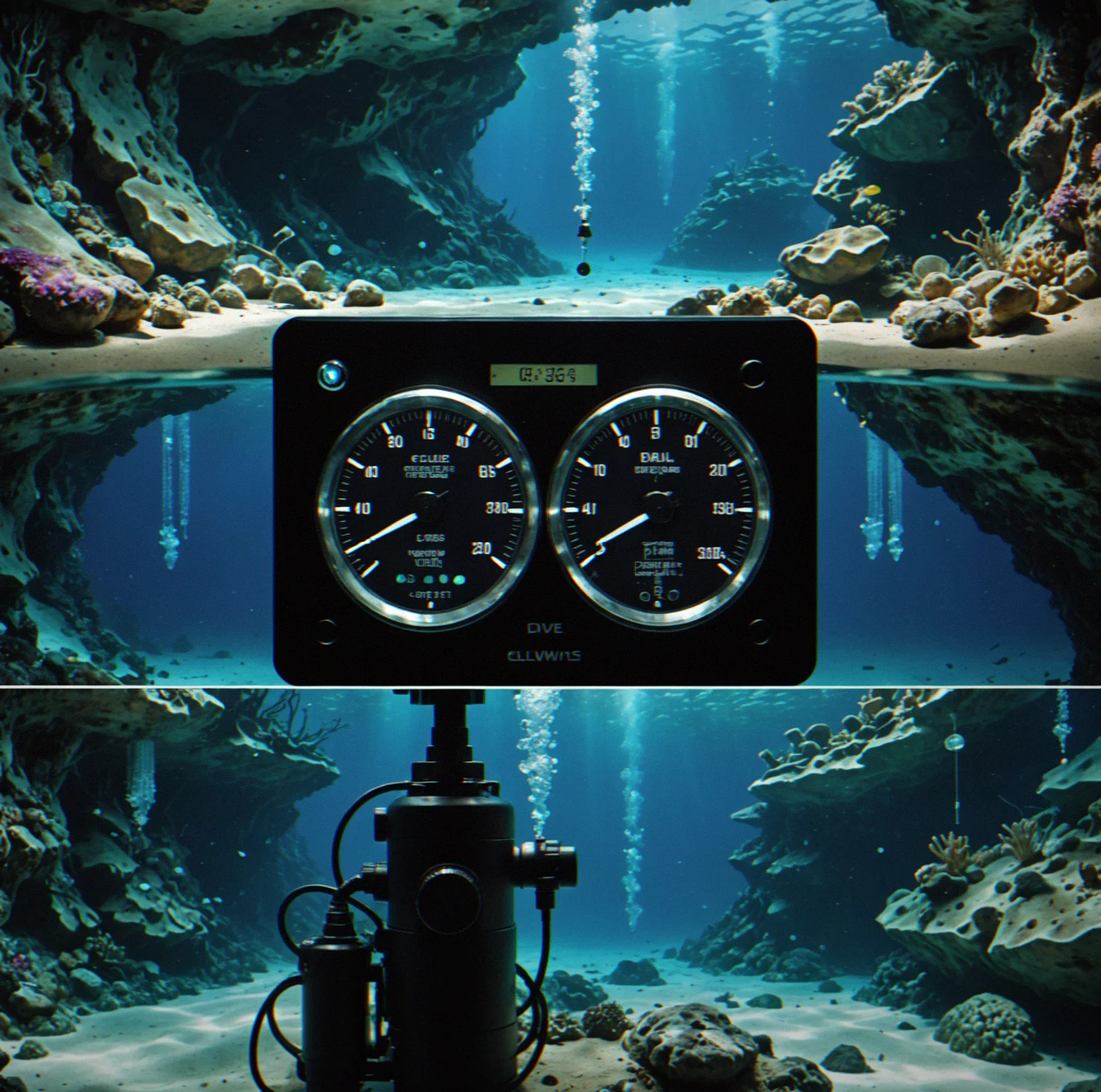 Dive computer display showing pressure gauge, depth meter, and decompression time remaining