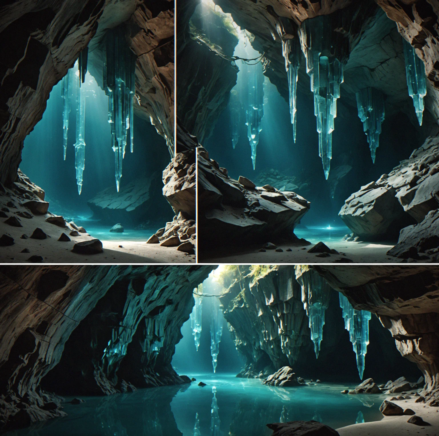 Narrow cavern passage with crystal walls on both sides and single anchor point visible above