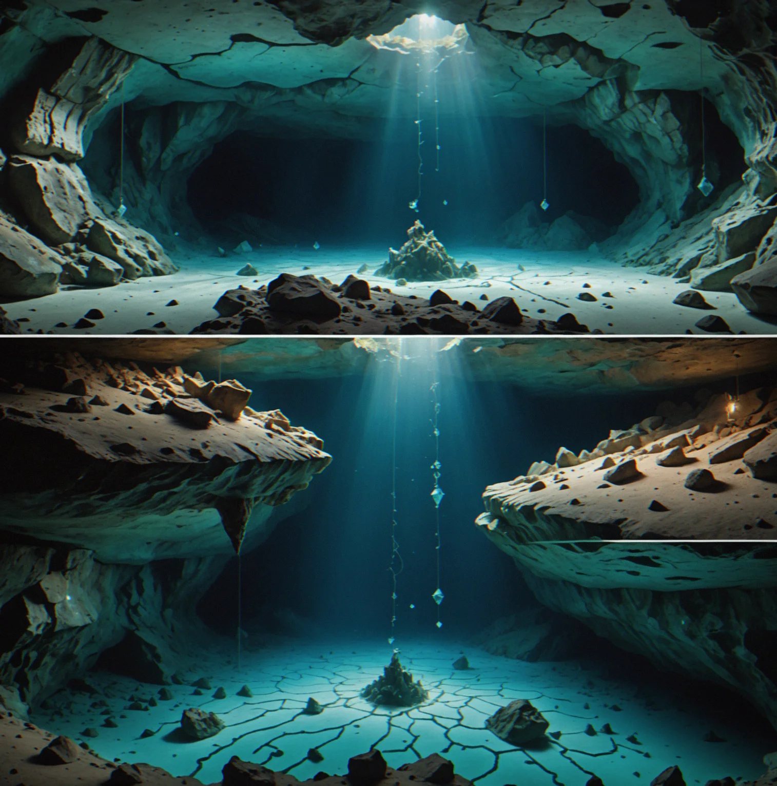 Large chamber interior with five potential anchor points marked at varying depths and angles