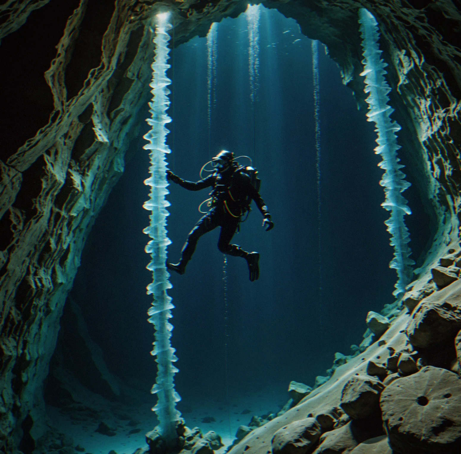 Vertical chimney passage with diver managing coiled rope between narrow crystal walls