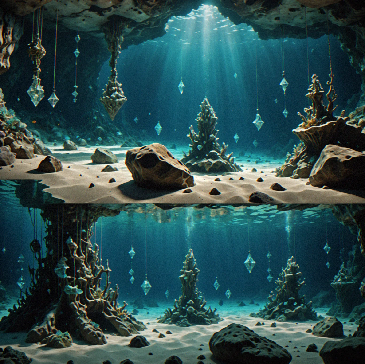 Wide chamber with bumpy seafloor and hanging crystal formations creating anchor placement puzzle