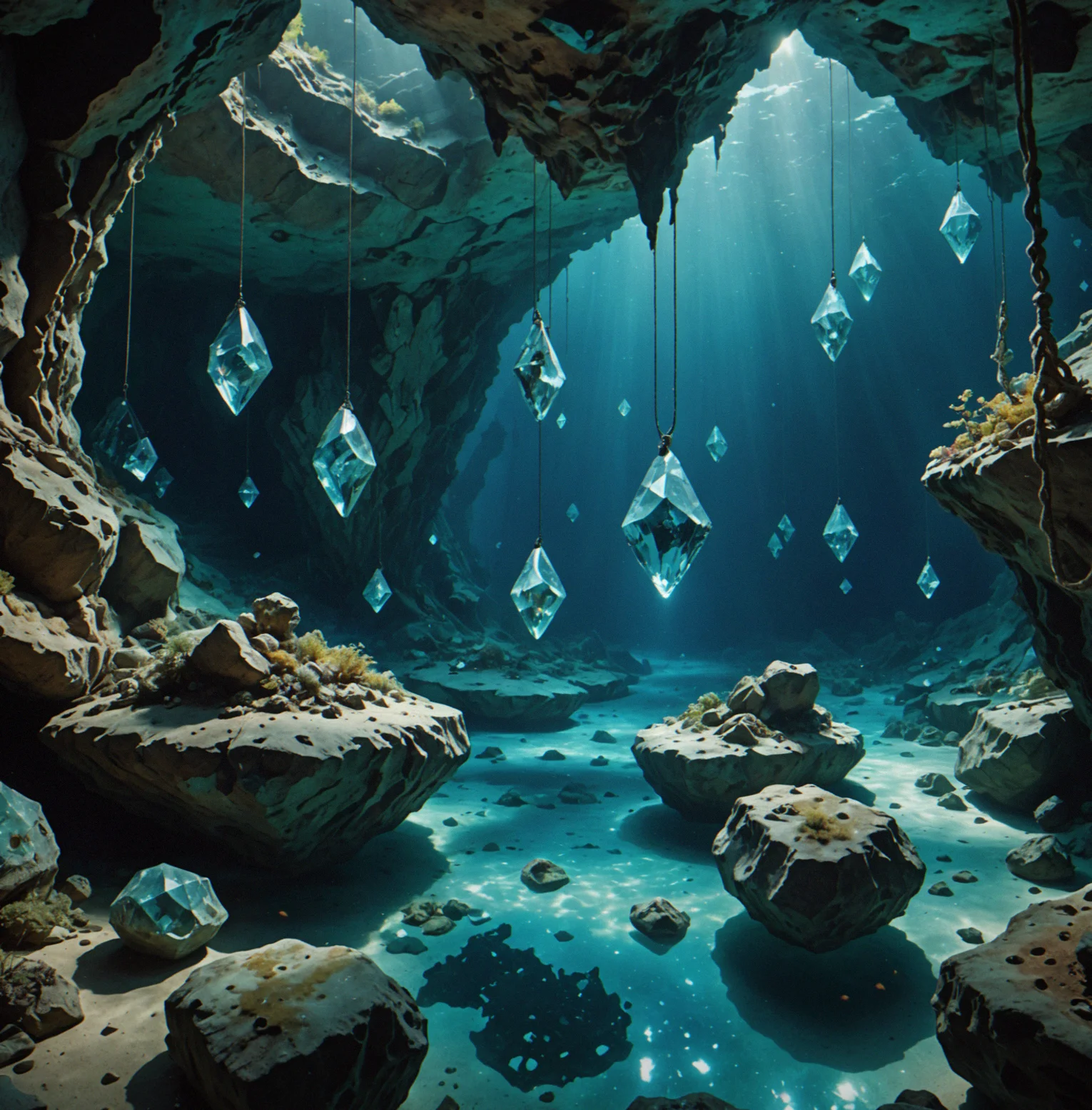 Expansive chamber filled with crystalline structures at multiple dpeths and angles