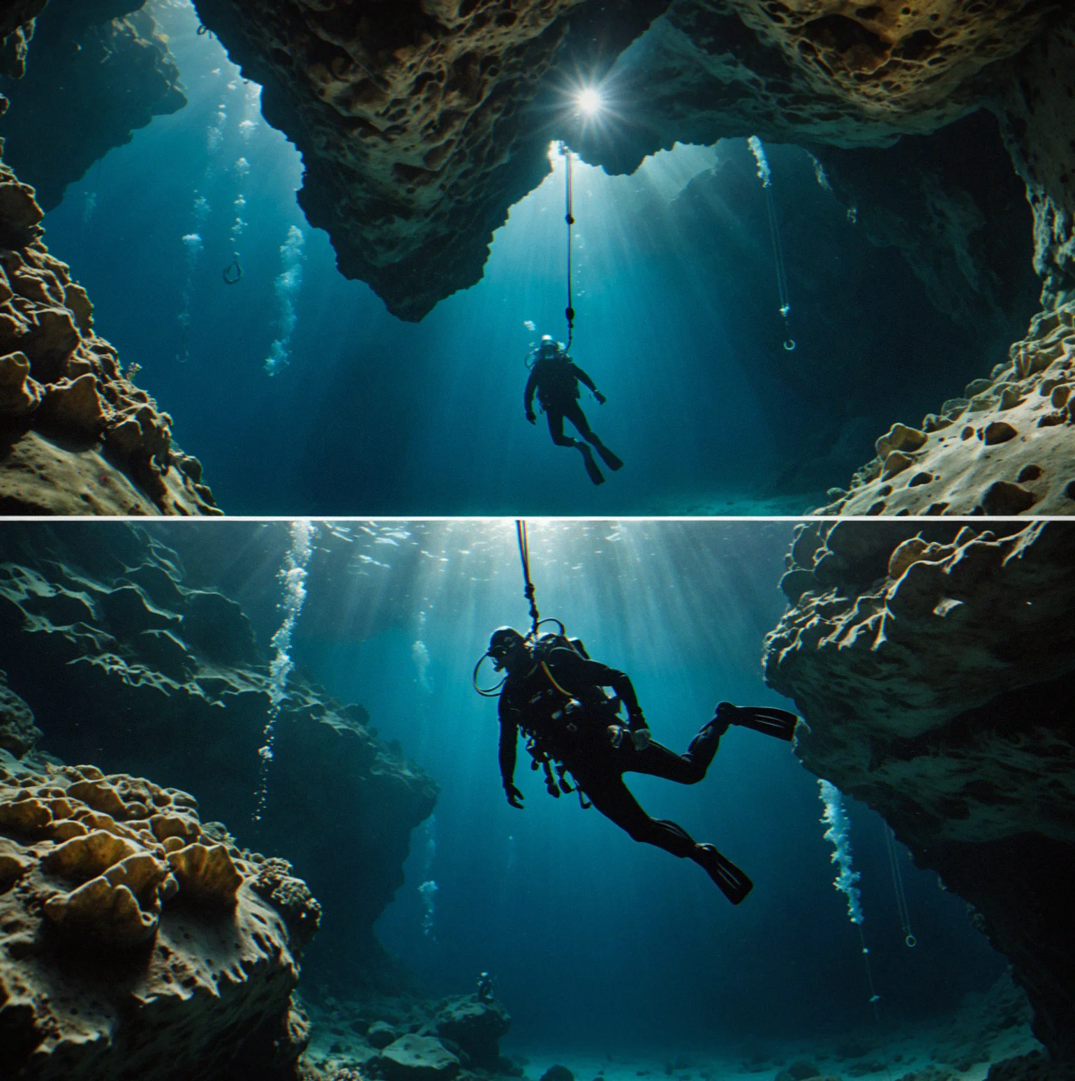 Diver ascending toward exit With rope trailing, decompression obligation completed successfully