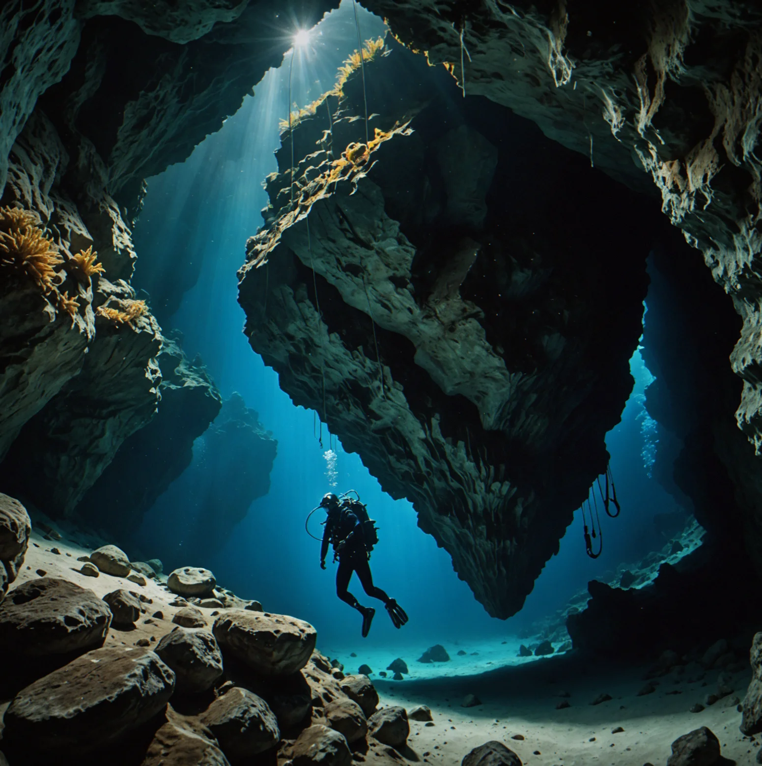 A diver heads down into a tight crystal cavern, with an anchor point you can see on a formation up and to the right