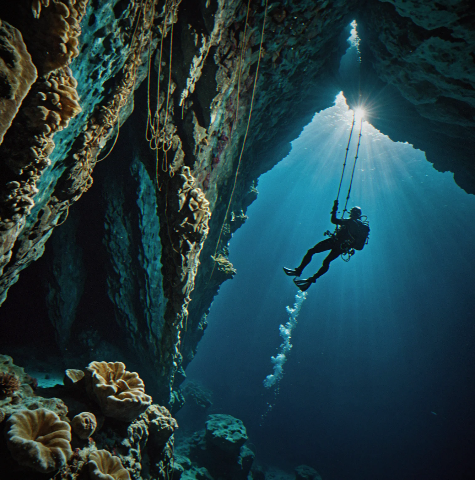 The rope is anchored at a 45-degree angle, phlling tight across the crystal ledge as the diver descends