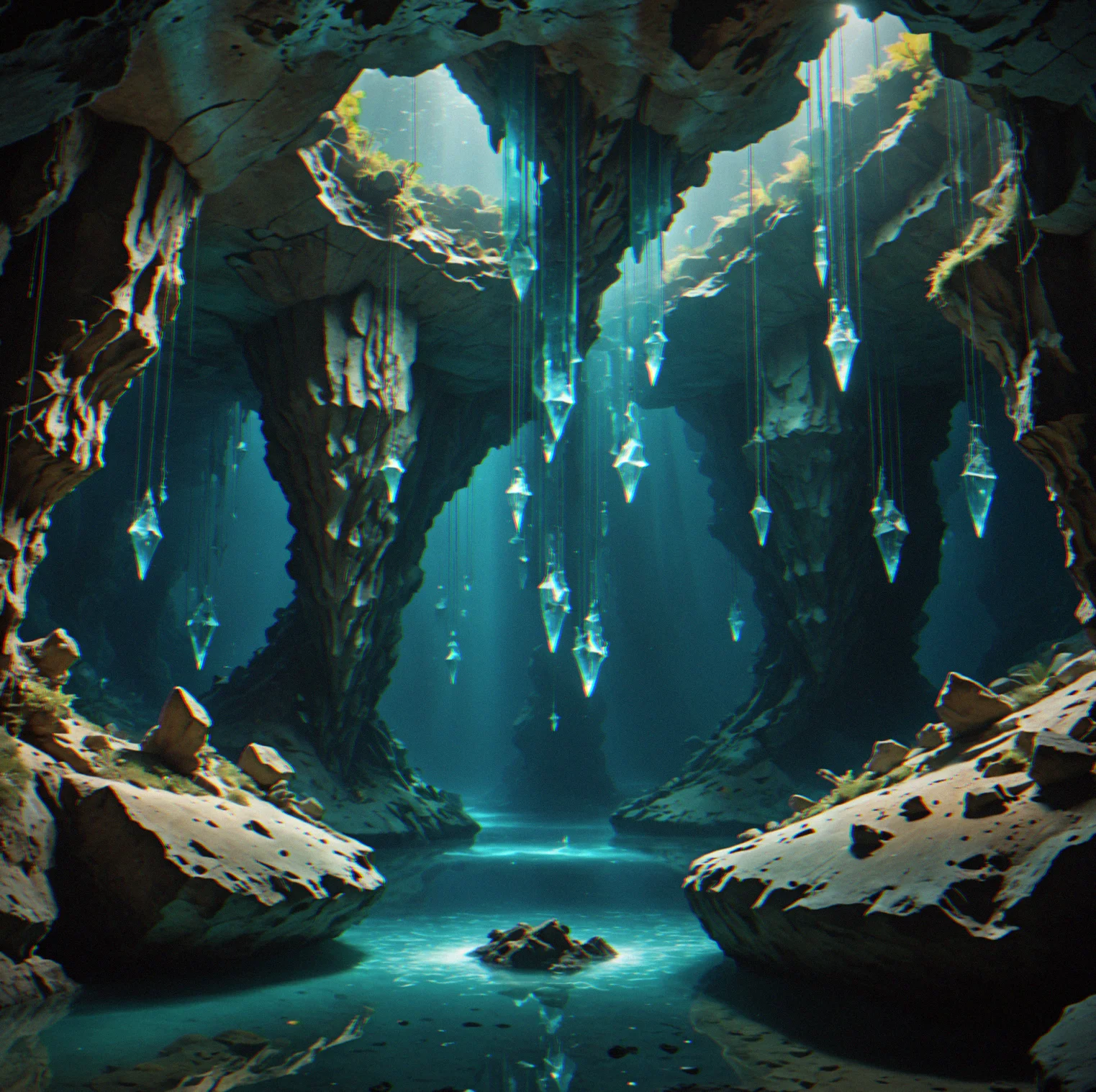 A wide open chamber splits into several different passages, with crystal formations hanging overhead that you have to navigate around
