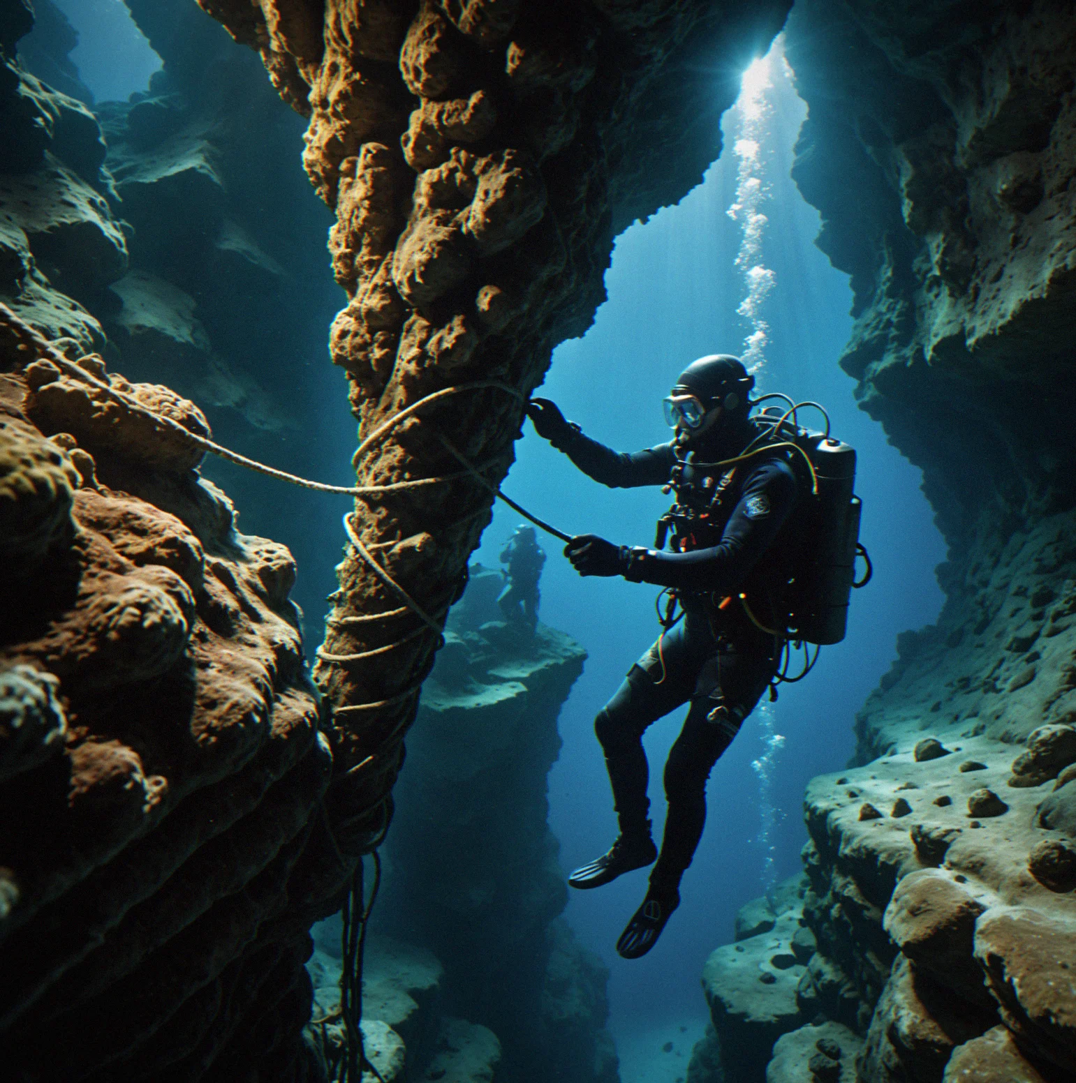 The diver is managing a coiled rope in a narrow chimney with barely any room to squeeze through