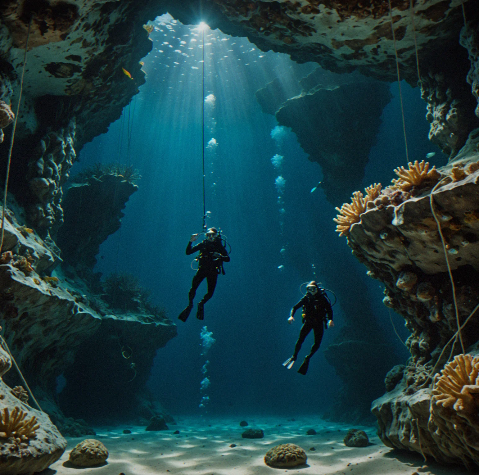 A wide chamber has a marked decompression zone where the diver is holding steady near the rope