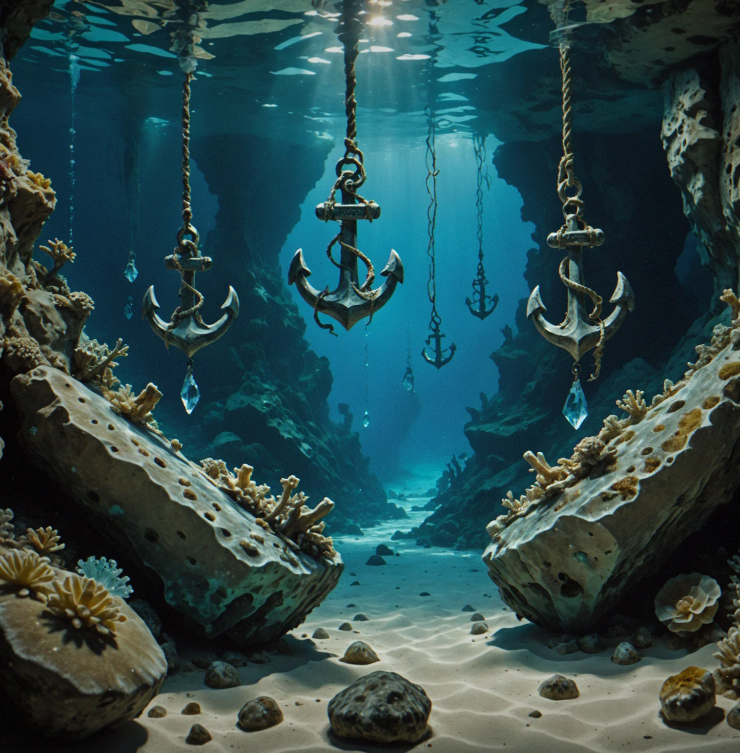 Two anchor points are holding the line taut, spreading the load across crystal formations at different depths