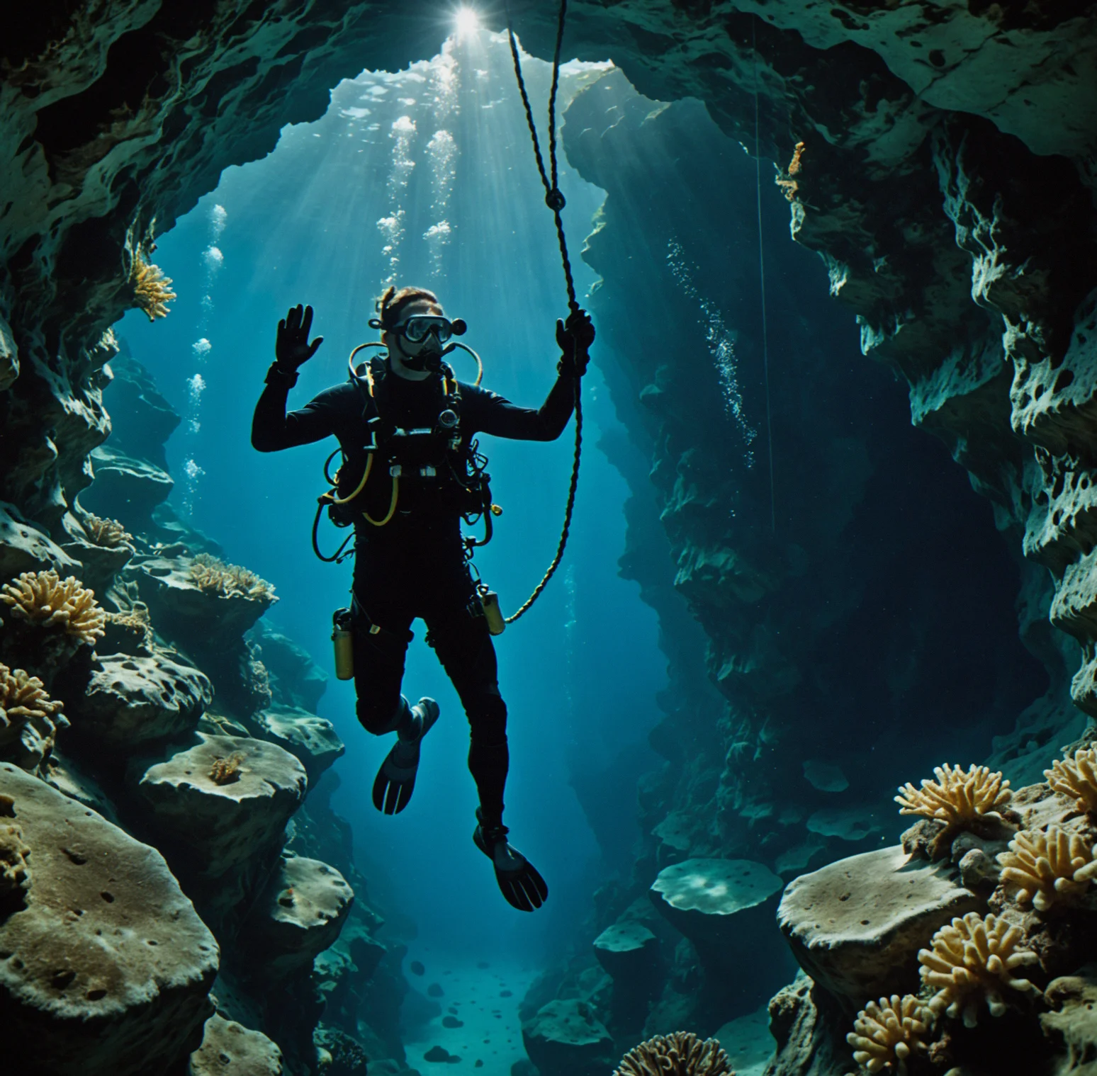 The diver is haeding back up toward the exit with the rope hanging below, decompression done