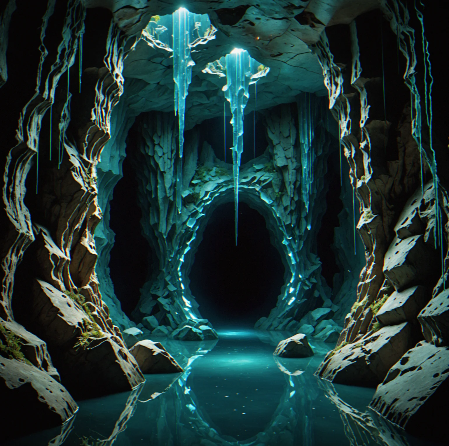Passage Maze cavern with tight corridors, sparse anchor points, and crystal walls forcing you through a narrow route