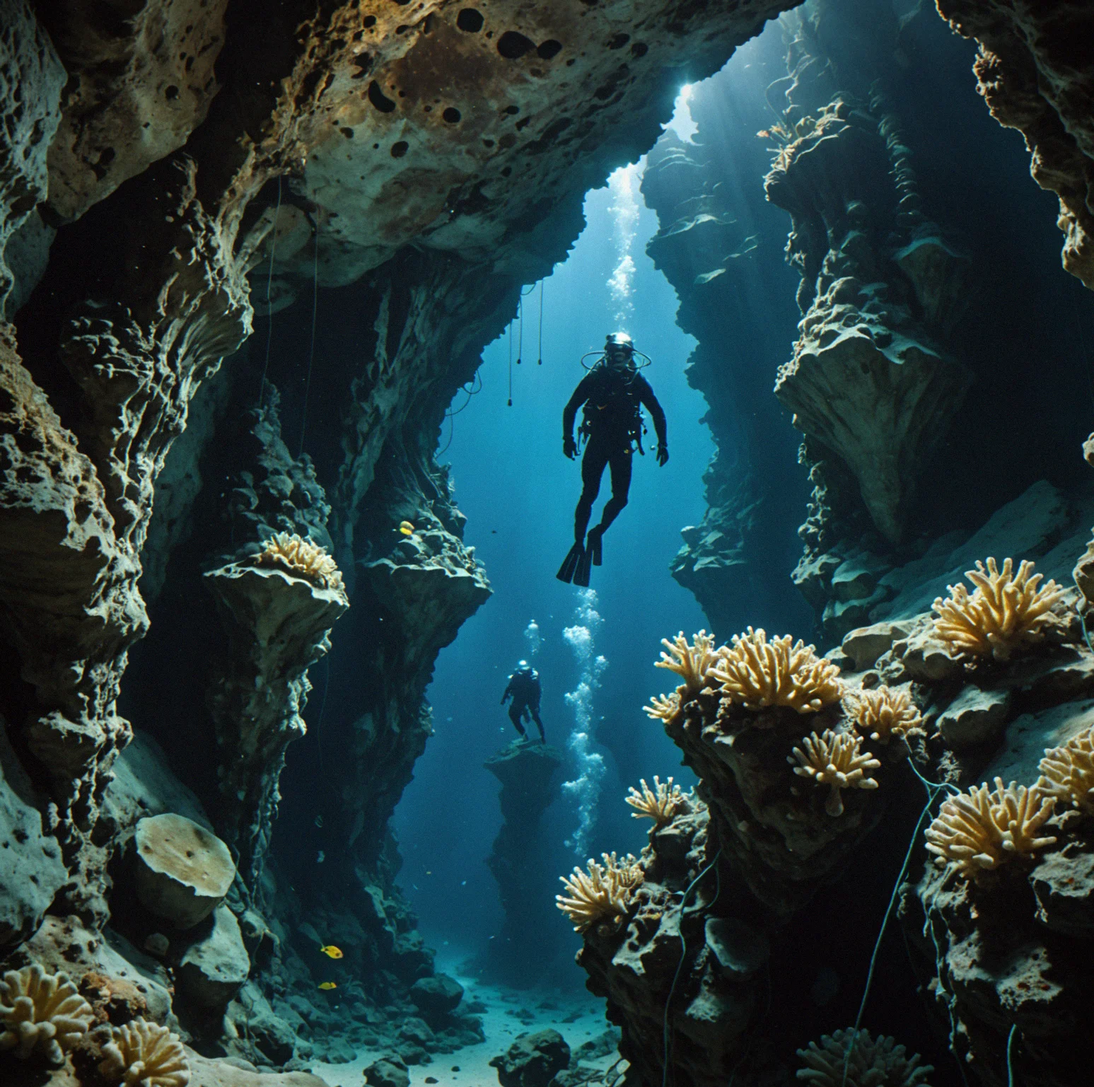 Chimney Complex rising vertically with narrow passages where the diver has to manage rope in extremely tight quarters