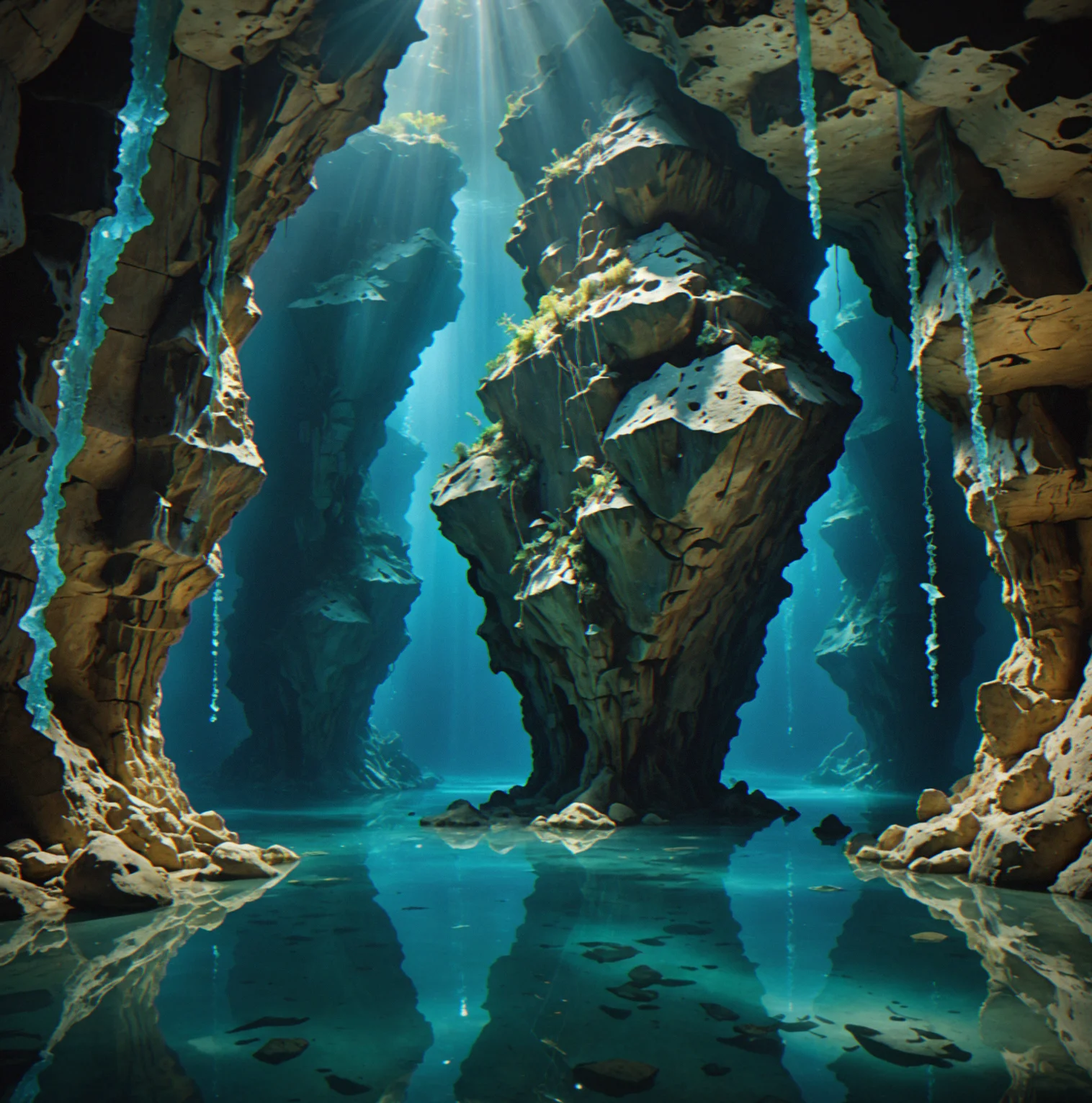 Flooded Gallery with an uneven bottom, overhanging rock, and anchor points at different depths spread across the chamber