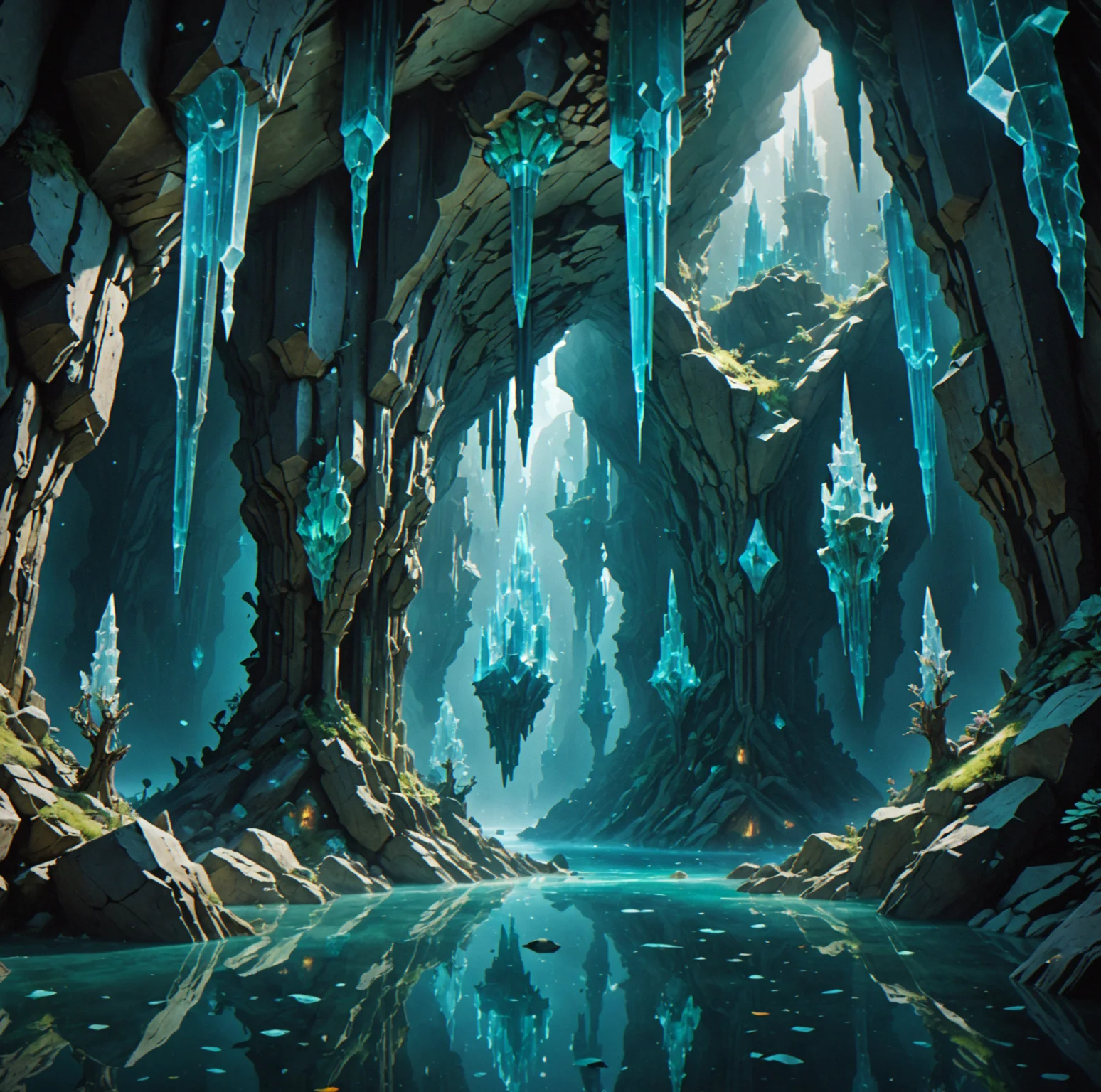 Crystalline Cathedral packed with crystal formations inside a large chamber, with multiple ways to rig your route