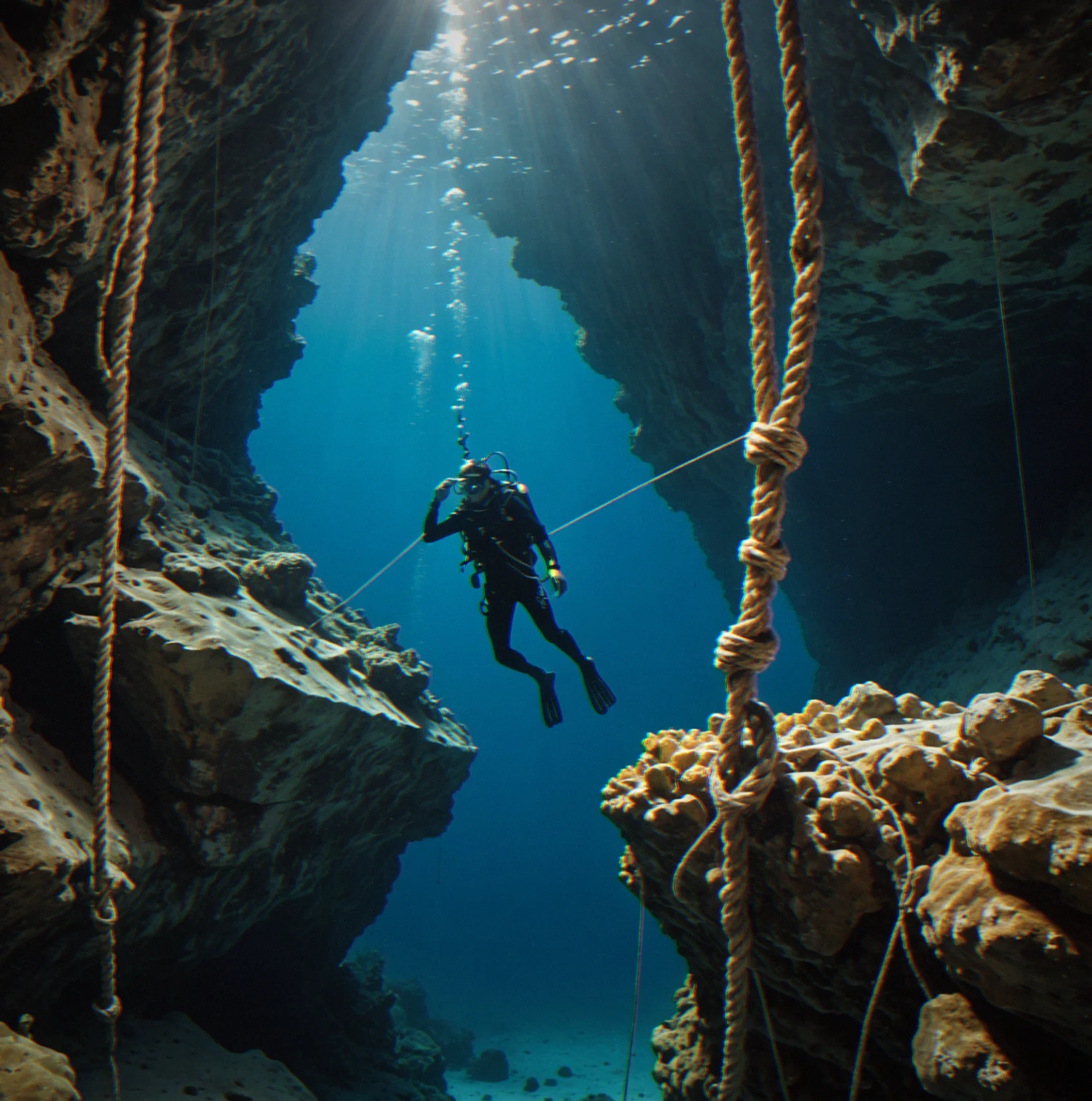 Rope pulled tight against a crystal formation showing the angle of the line, how the load distributes and where the diver sits relative to the anchor