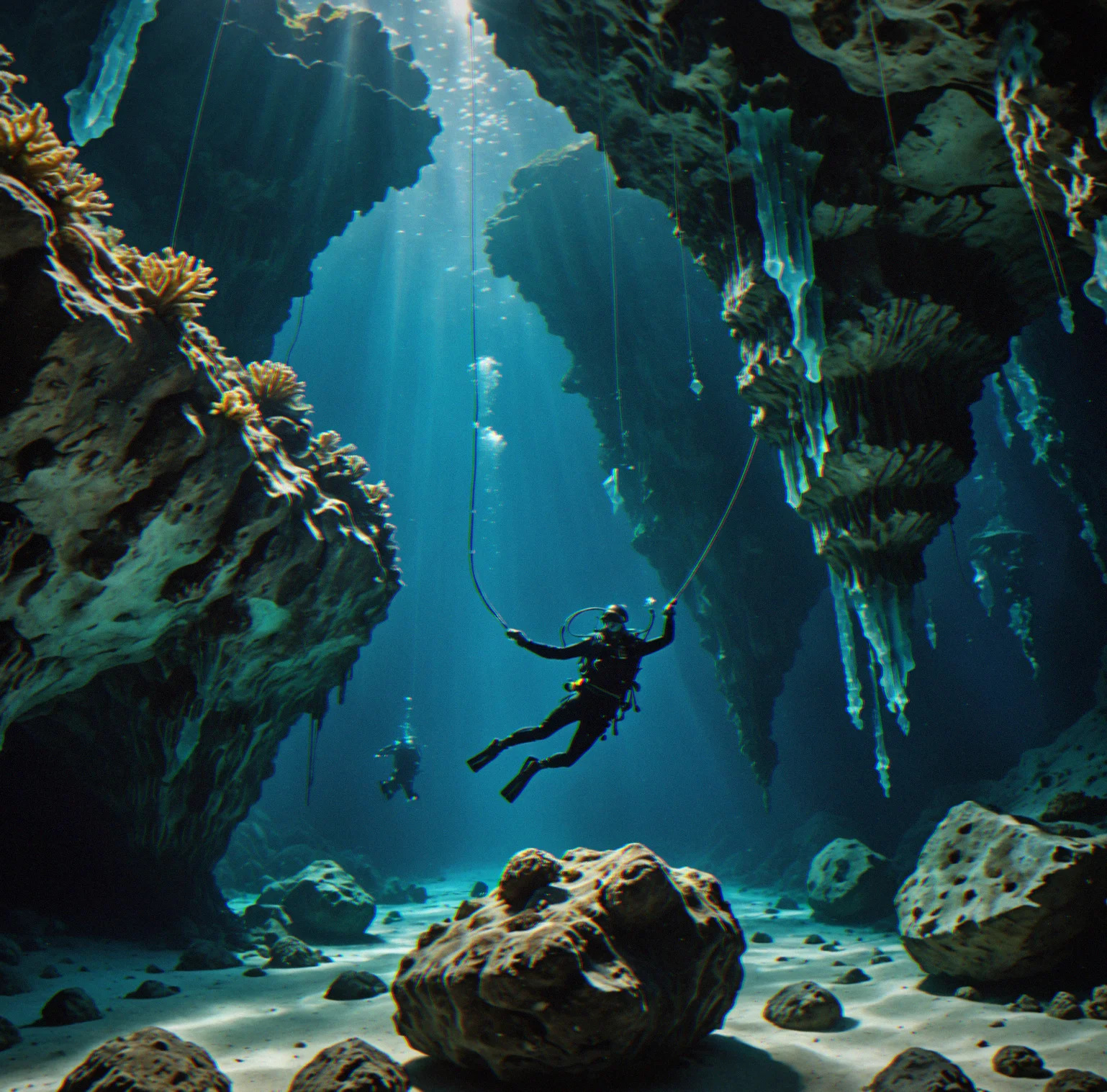 Underwater view of crystalline cavern with rope annchored to formation, diver visible in mid-distance