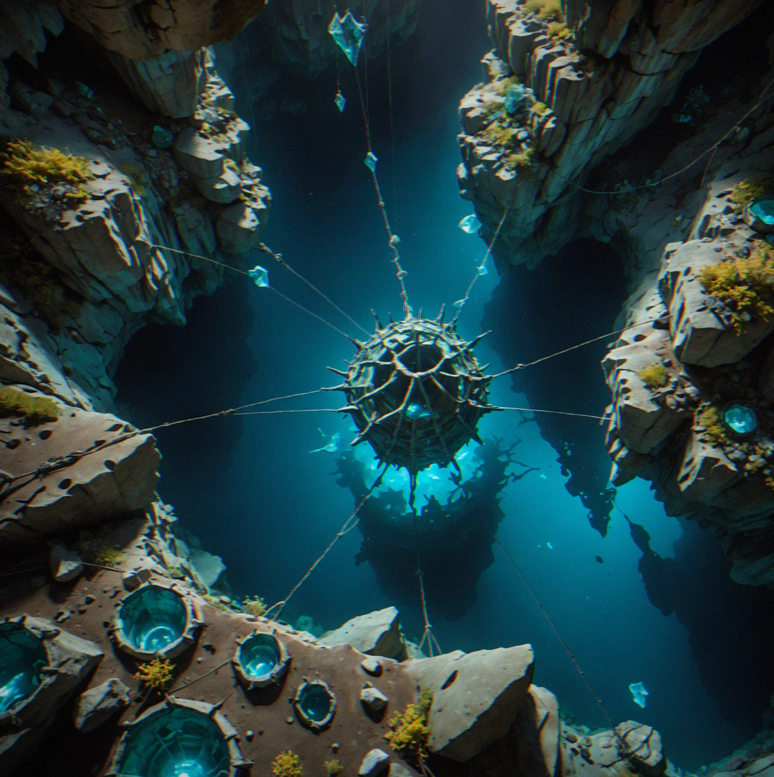 Overhead map view of interconnected cavern chambers with marked anchor points and passages