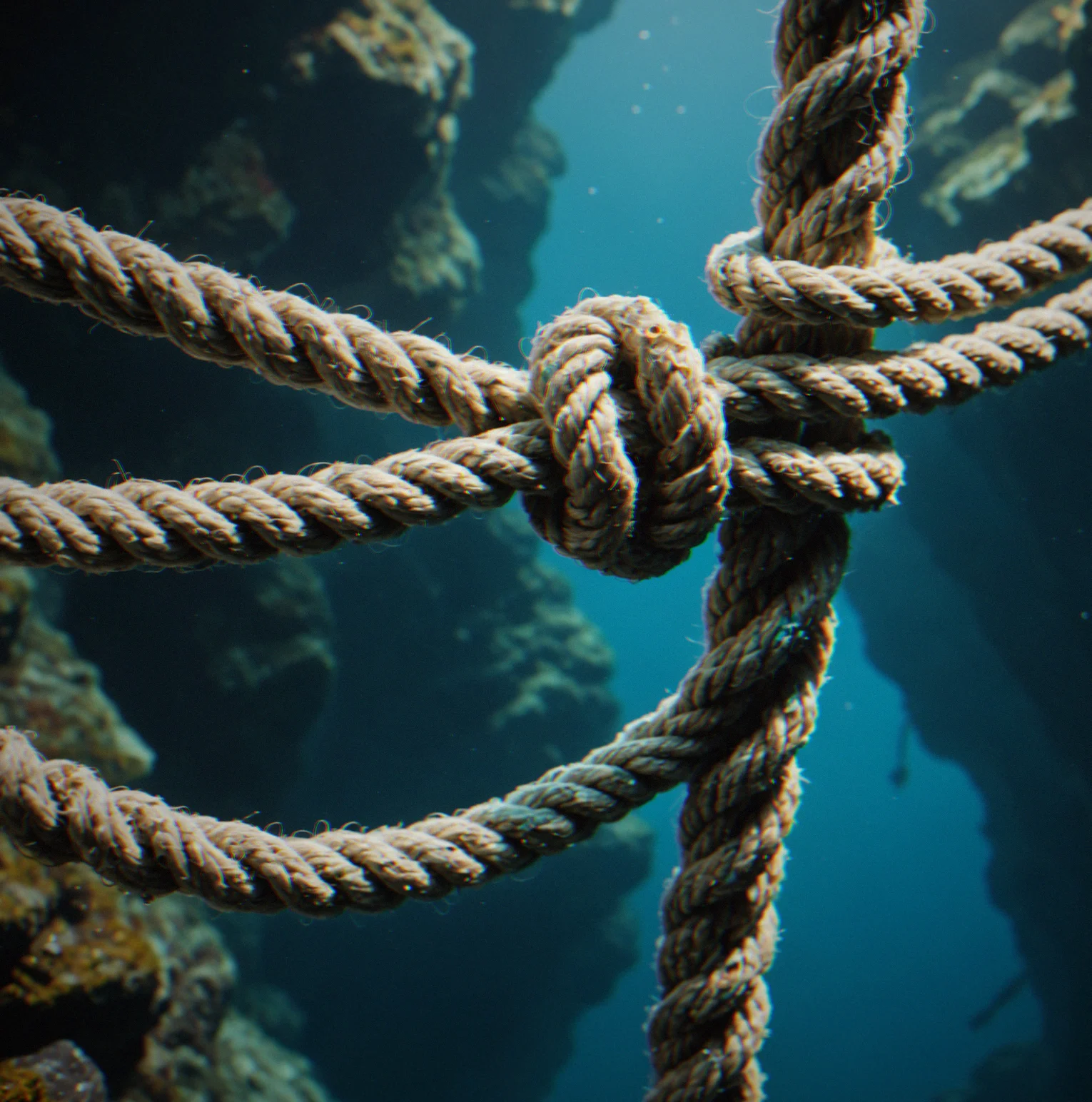 Close-up of rope under tension showing slight sag and strain indicators at anchor point