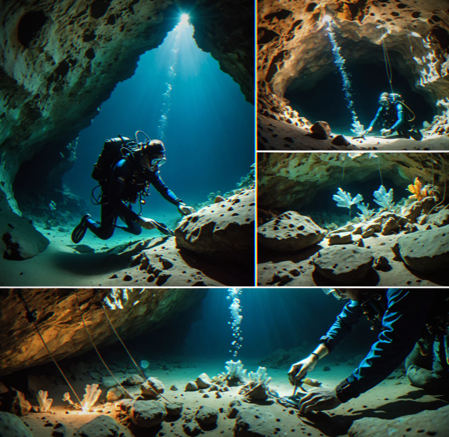 Diver examining crystal formation with tool, assessing acnhor viability on cavern wall