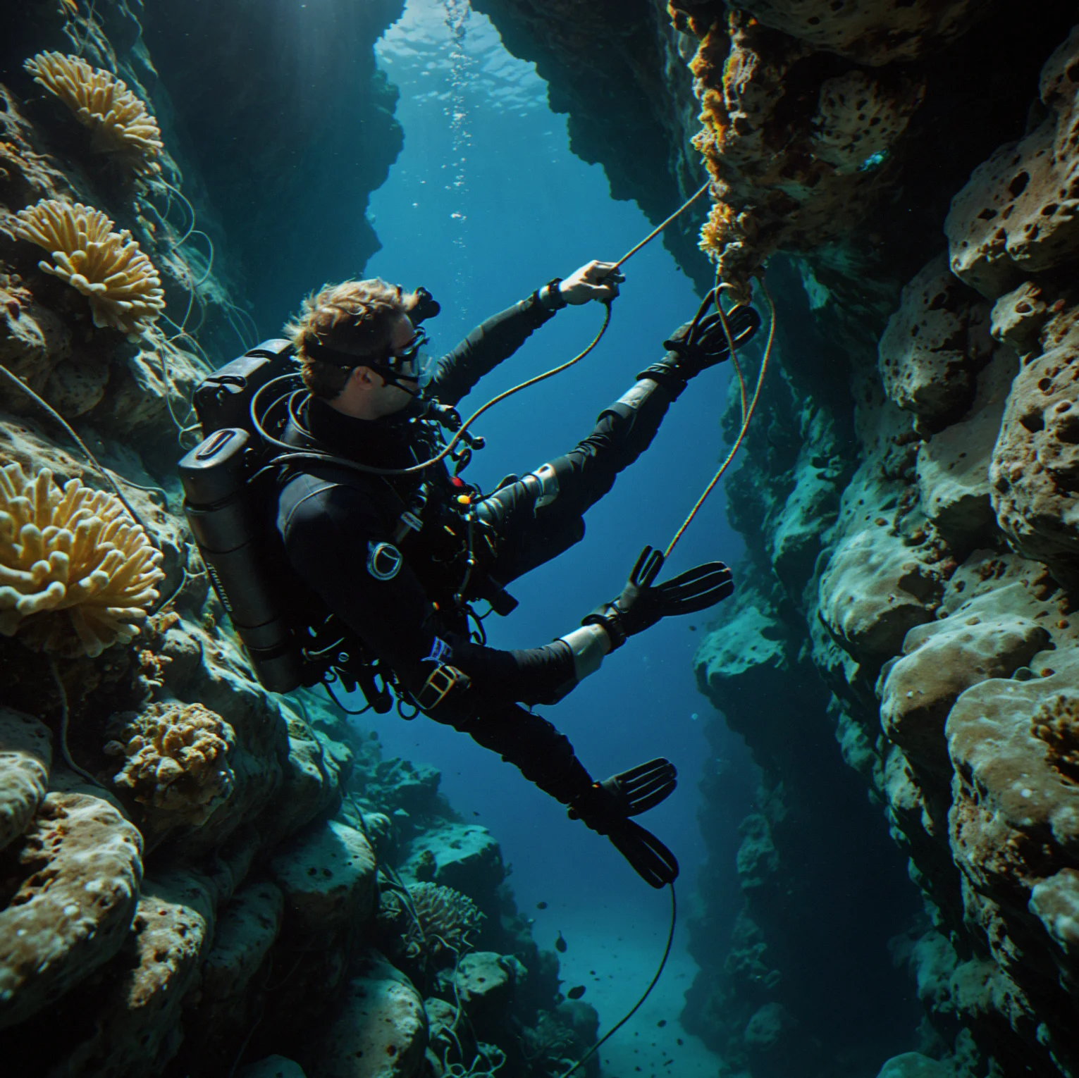 Diver with coiled rope in gloved hands, managing line deployment in narrow passage (spacing matters here)