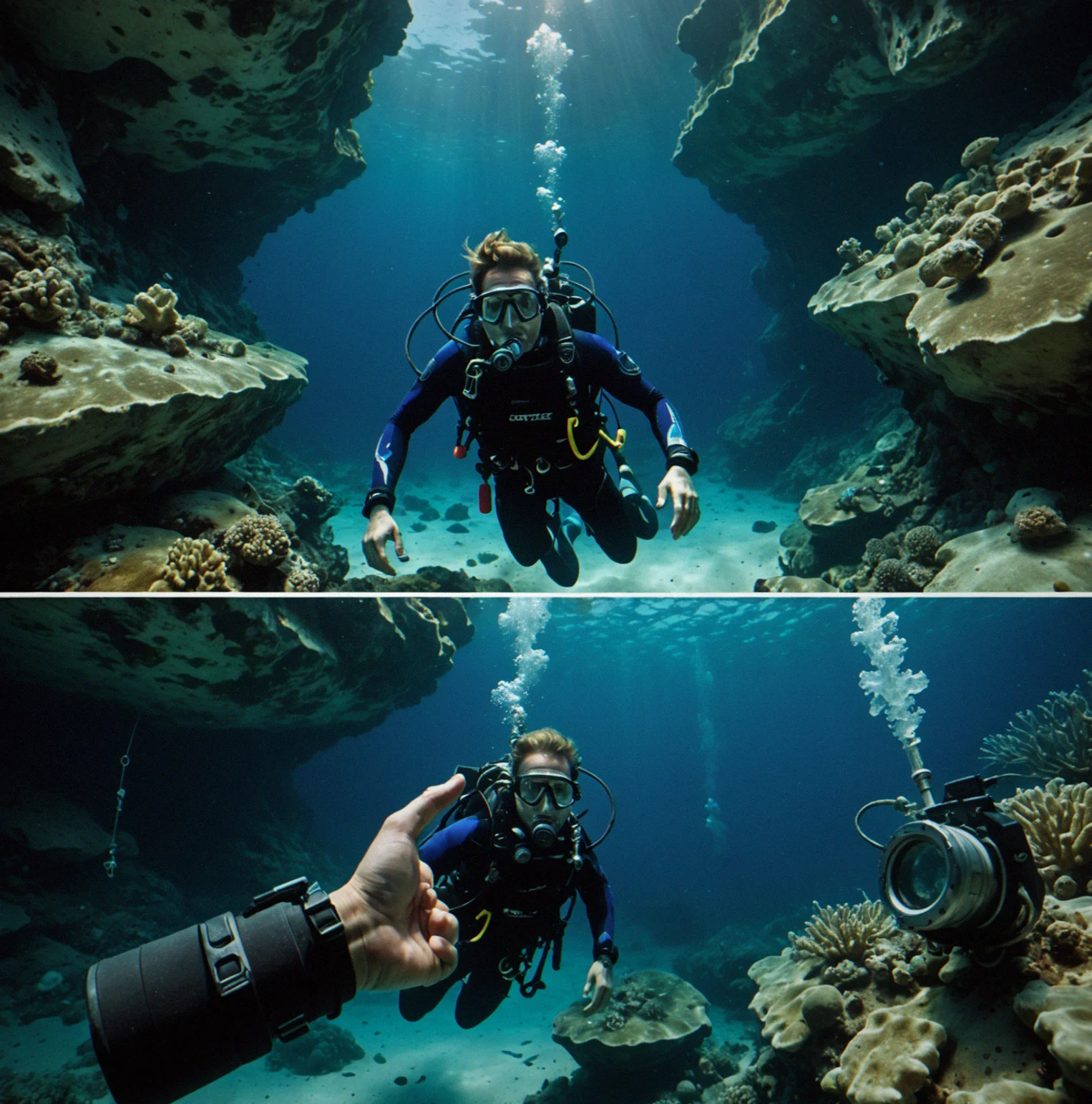 Diver stationary in wide chamber at decompression depth, dive computer visible on wrist