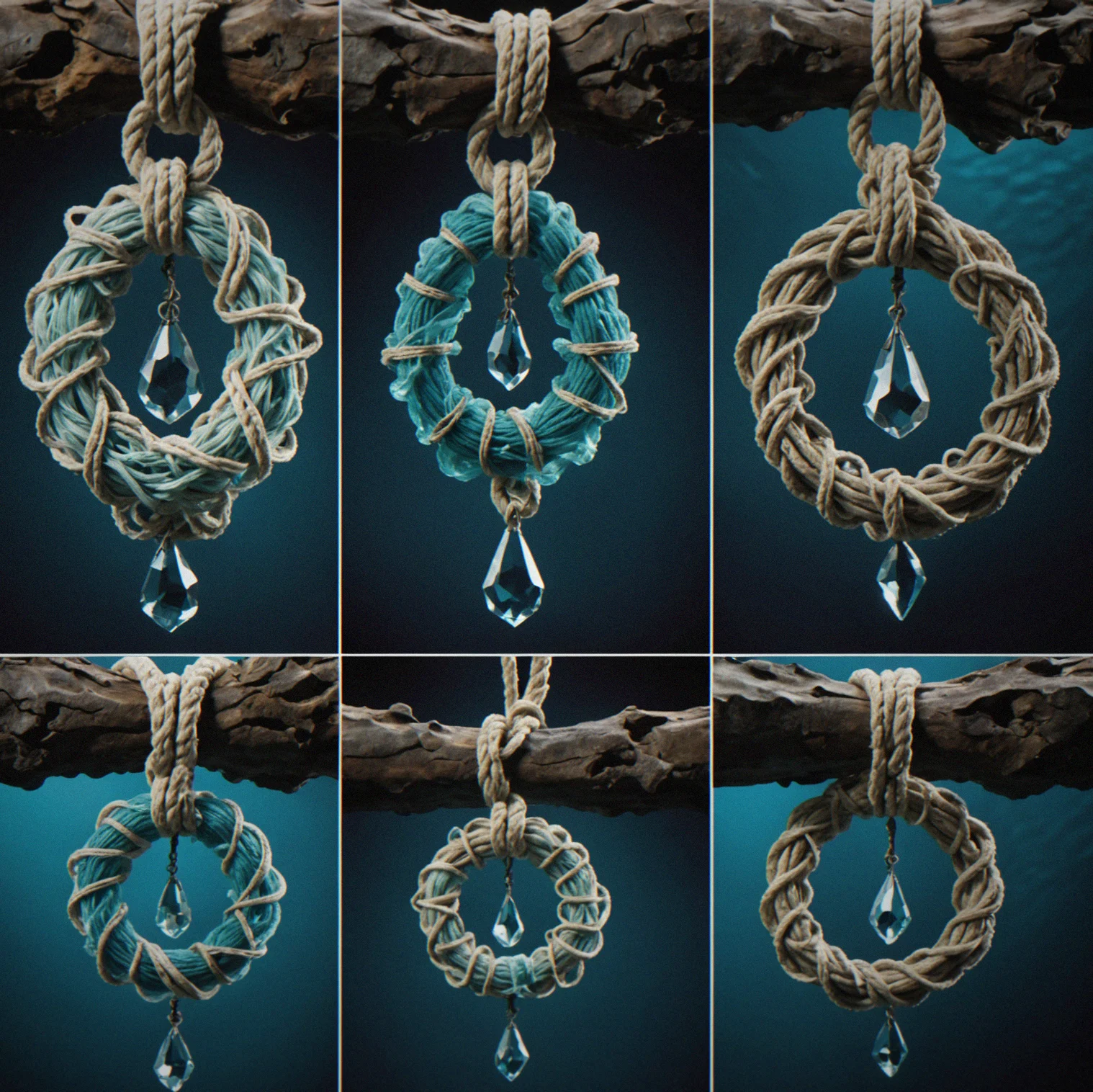 Five rigged knots shown side-by-side under tension testing, strength ratings labeled