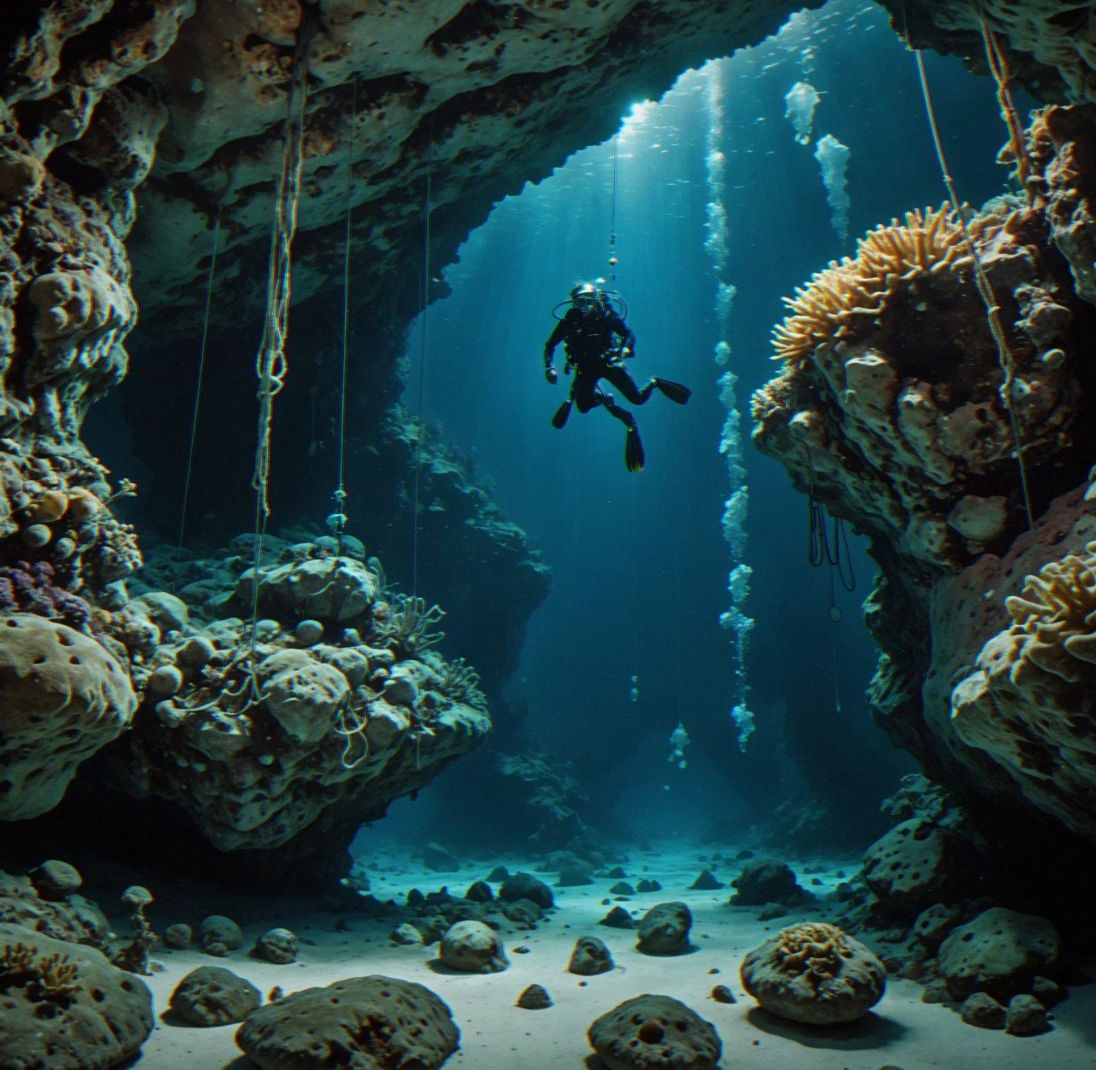 Diver navigating dense crystal formations in large chamber, multiple anchor routes visible